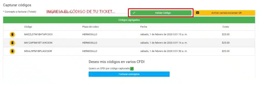 Facturacion Caseta Palmillas Validar tickets