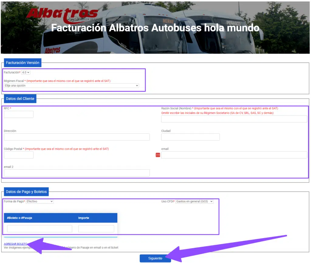 ingresar informacion facturacion Albatros Autobuses
