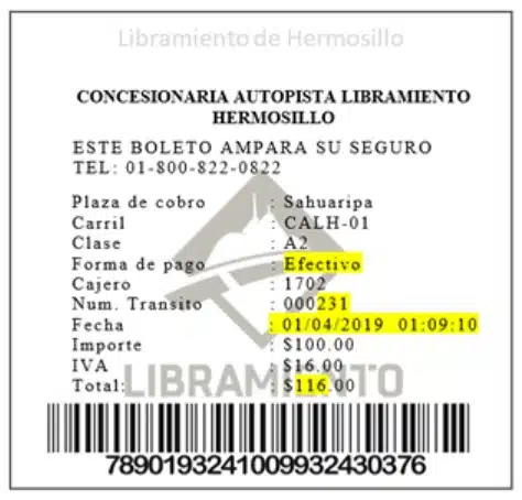 Facturacion Autopista Libramiento Hermosillo Ejemplo ticket