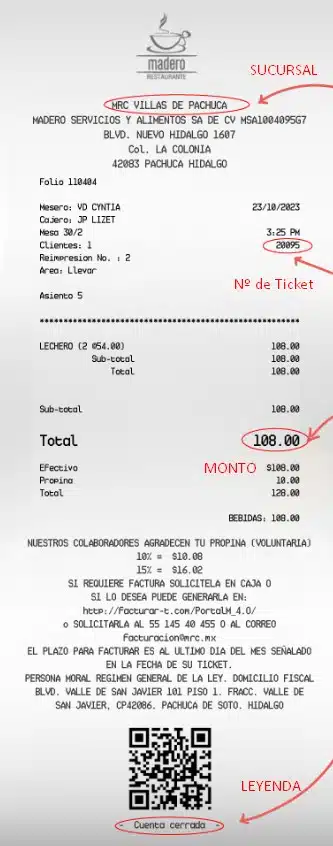 Facturacion Restaurante Madero Ejemplo de ticket