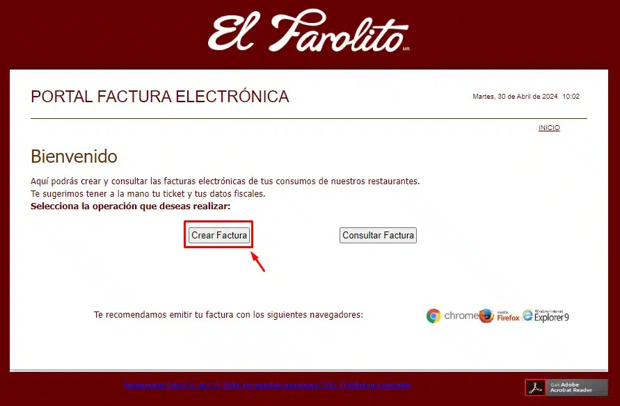 Facturar El Farolito Clic Crear Factura