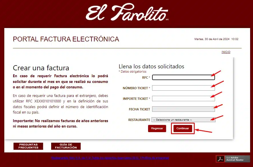 Facturar El Farolito Datos del ticket