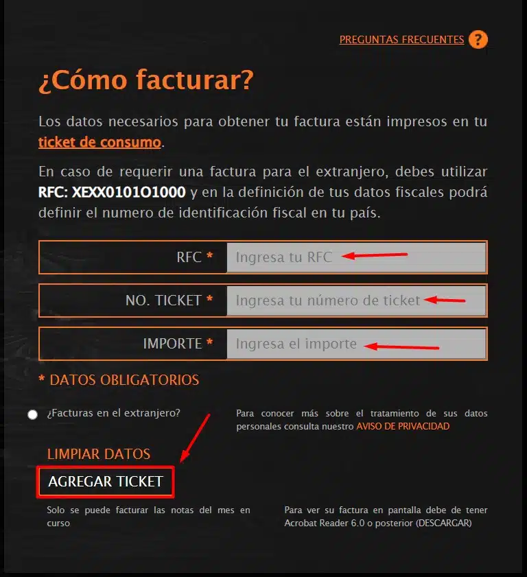 Facturacion Toks RFC y datos del ticket